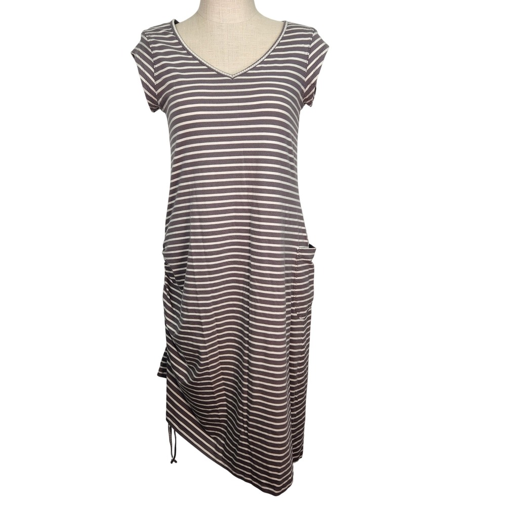 Toad&Co Muse Midi Large Striped V-Neck Cinched Ruched Side Knit Dress Grey White - Picture 1 of 10